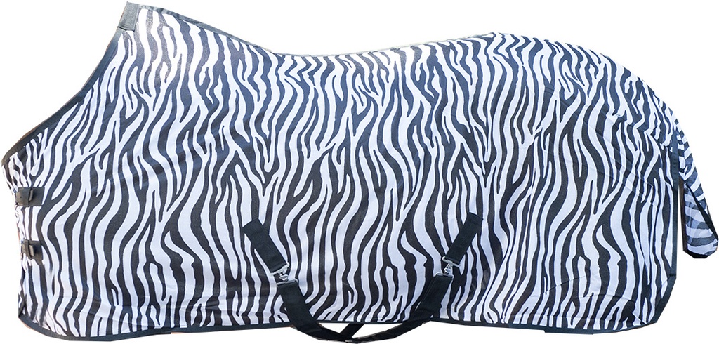 Couverture anti-mouches HKM Zebra sangles croisées, vue de profil sur le cheval