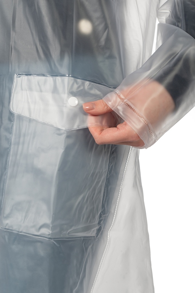 Imperméable transparent HKM fente de dos, détail de la capuche