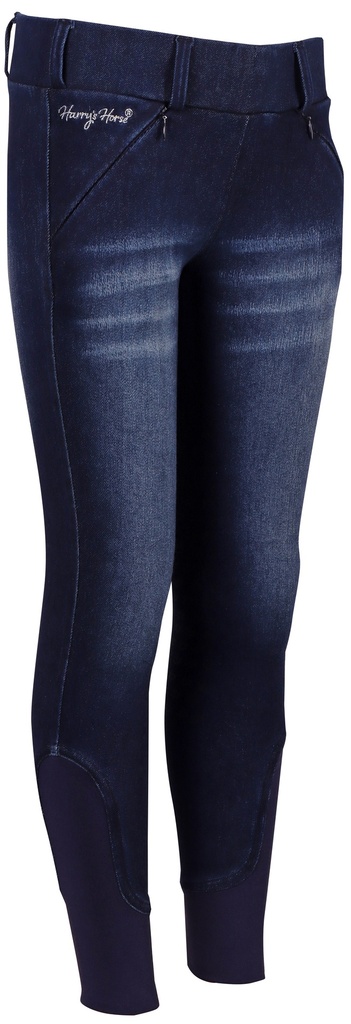 Culotte Equitights Denim Diva Violet Full Grip, detail du produit presentant les attaches, la matiere et le coloris