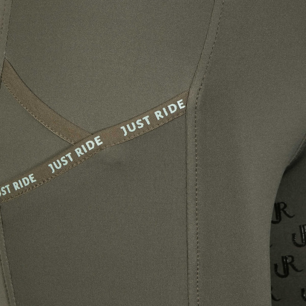 Culotte Equitights Just Ride Summer Chique Full Grip, detail du produit presentant les attaches, la matiere et le coloris