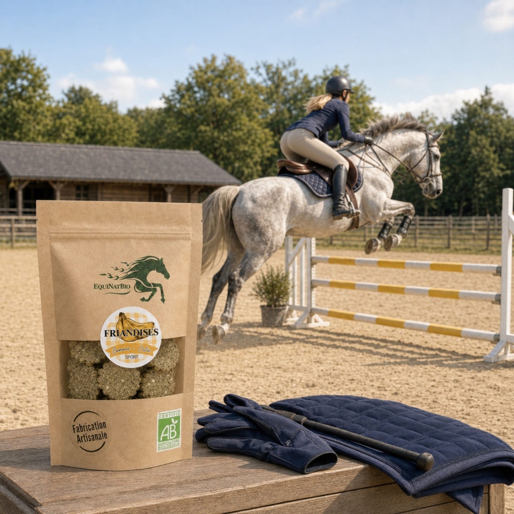 EQUIBIO-SPORT, sachet de friandises bio EquiNatBio, gros plan sur la texture et les ingrédients