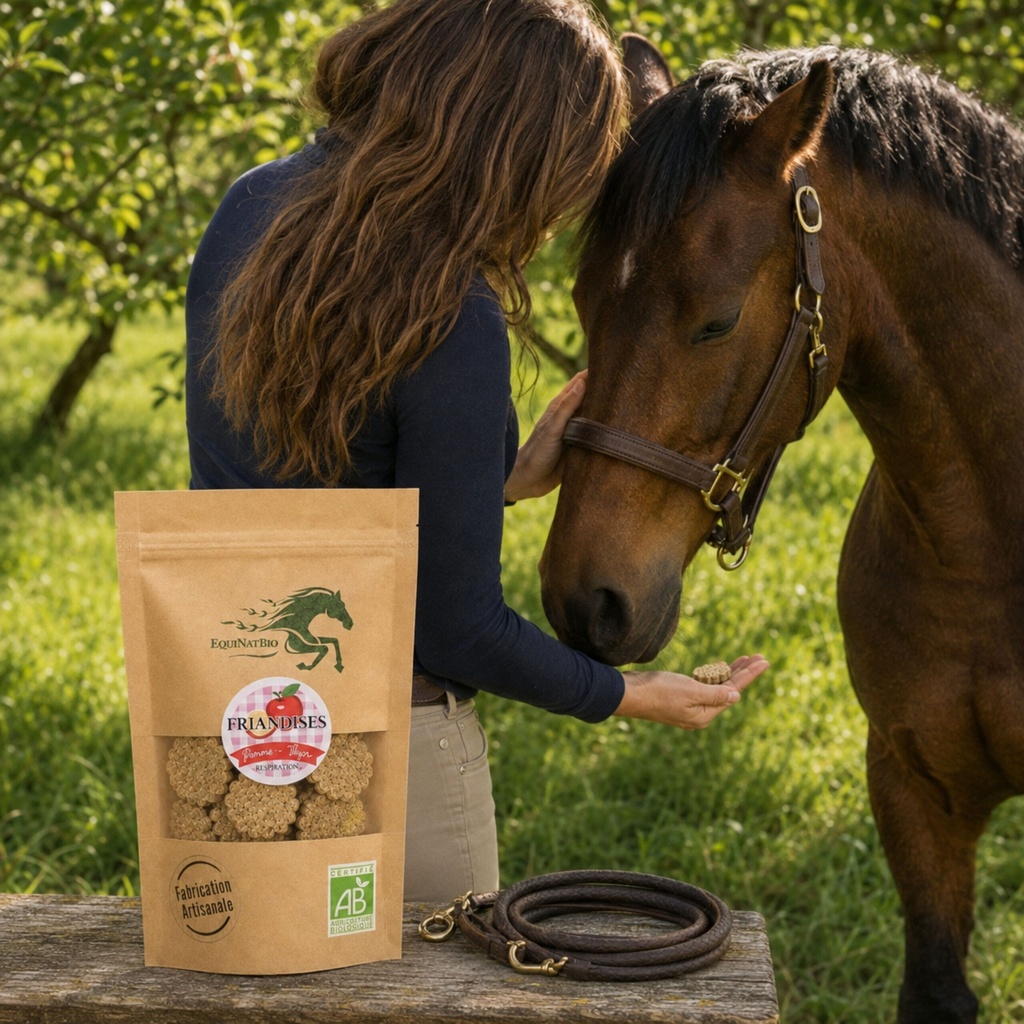 EQUIBIO-RESPIRATION, sachet de friandises bio EquiNatBio, gros plan sur la texture et les ingrédients