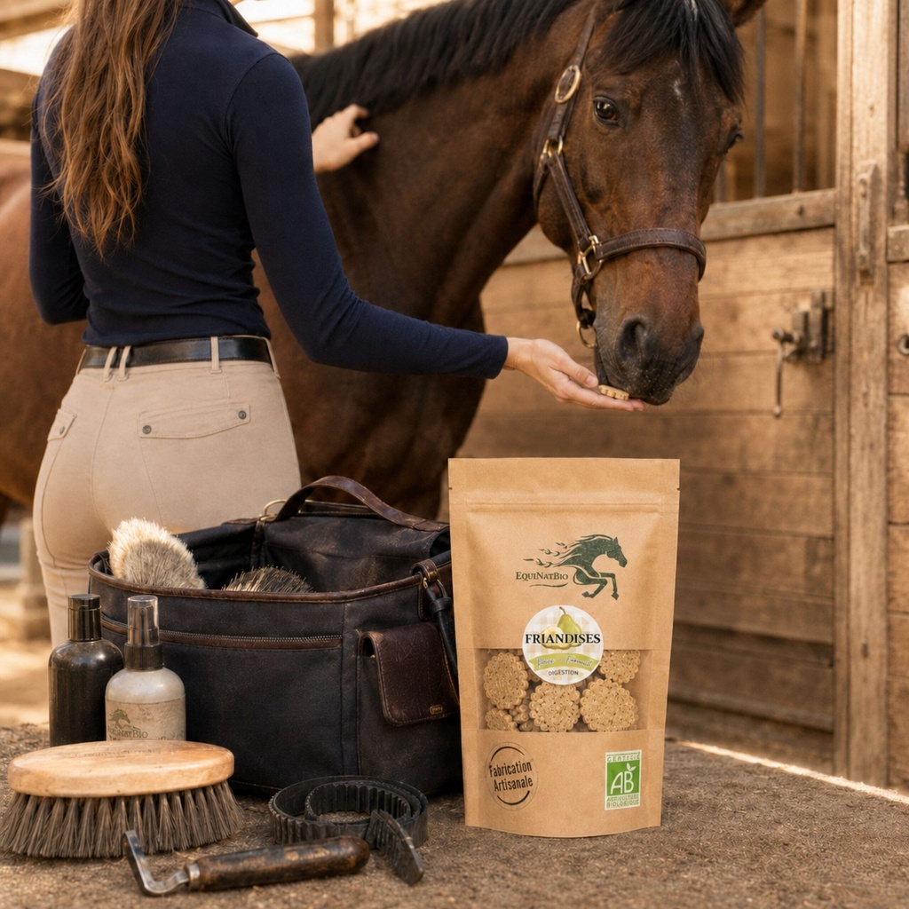 EQUIBIO-DIGESTION, sachet de friandises bio EquiNatBio, gros plan sur la texture et les ingrédients