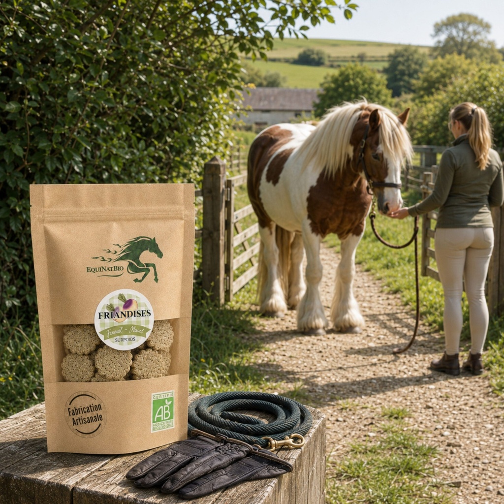 EQUIBIO-SURPOIDS, sachet de friandises bio EquiNatBio, gros plan sur la texture et les ingrédients