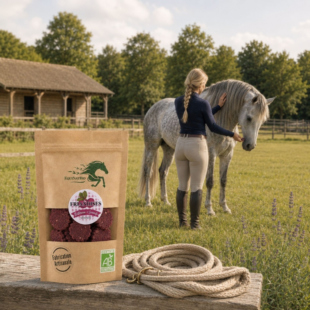 EQUIBIO-SÉRÉNITÉ, sachet de friandises bio EquiNatBio, gros plan sur la texture et les ingrédients