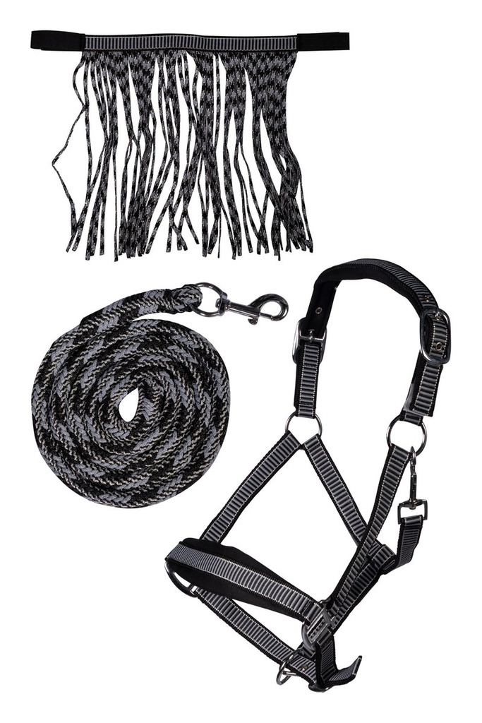 Head collar set -Lilly- with snap hook & fly fring (Poney, Noir)