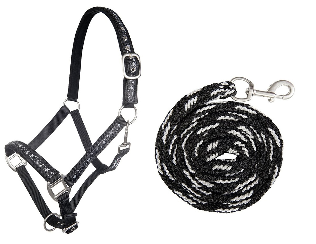Head collar & lead rope (180cm), snap hook -Stars- (Poney, Noir/argenté)