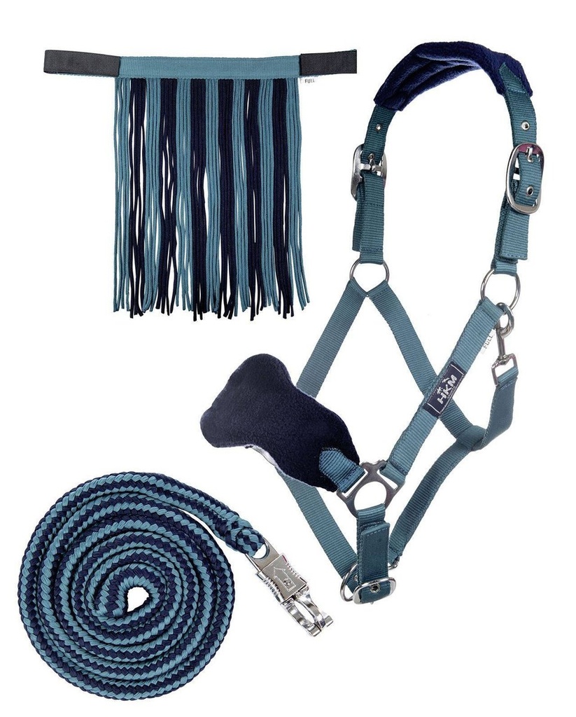 Head collar set with panic hook & fly fringe (Poney, Pétrole/navy)