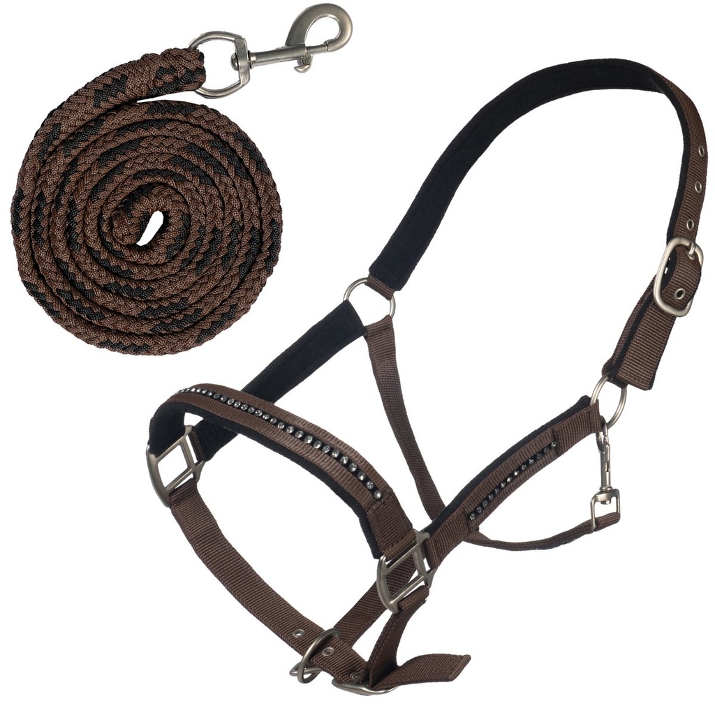 Licol set avec mousqueton -Crystal- soft rembourré (Noir/Gris, Poney)